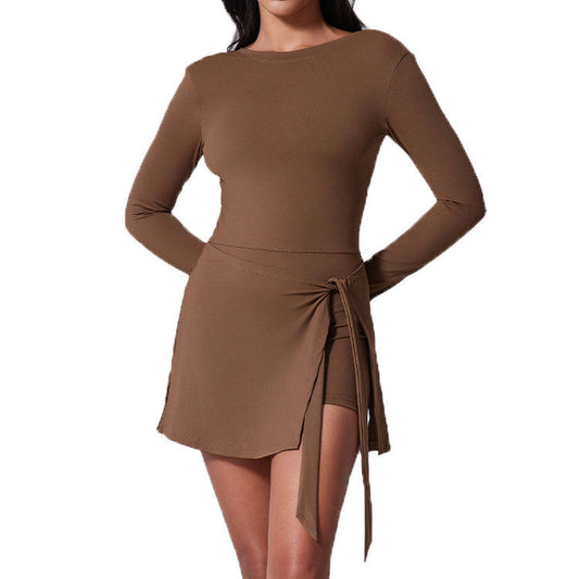 Women's Long Sleeve Yoga Dress with Tie Waist Tennis Skirt - Navy, Built-in Anti-Chafe Shorts for Yoga & Tennis