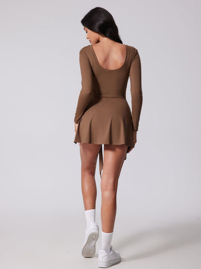 Slimming Silhouette of Women's Long Sleeve Yoga Dress - Brown Tennis Skirt Activewear Set Plus Size 
